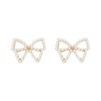 Zinc Alloy Stud Earring, with Plastic Pearl, Bowknot, high quality plated, fashion jewelry & for woman & hollow, golden 