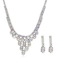 Rhinestone Zinc Alloy Jewelry Set, earring & necklace, with 17cm extender chain, silver color plated, for woman & with rhinestone, 4.4cm,0.8cm cm 