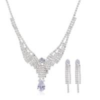 Rhinestone Zinc Alloy Jewelry Set, earring & necklace, with 16cm extender chain, Teardrop, silver color plated, for woman & with rhinestone, 1.2cm,3.4cm cm 