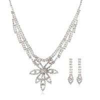 Rhinestone Zinc Alloy Jewelry Set, earring & necklace, with 14cm extender chain, Flower, silver color plated, for woman & with rhinestone  cm 