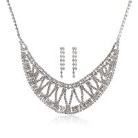 Rhinestone Zinc Alloy Jewelry Set, earring & necklace, with 20cm extender chain, silver color plated, for woman & with rhinestone, 2.9cm,3cm cm 