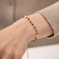 Crystal Pearl Bracelets, 304 Stainless Steel, with Freshwater Pearl & Crystal, with 6cm extender chain, plated, fashion jewelry, gold, 5.1mm cm 