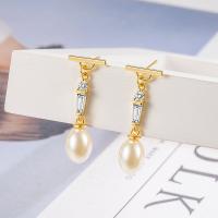 Boucles d'oreilles en laiton zircon cubique, avec perle de plastique, bijoux de mode & pavé de micro zircon & pour femme Vendu par paire