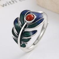 Sterling Silver Finger Ring, 925 Sterling Silver, with Yunnan Red Agate, Feather, Antique finish, fashion jewelry & for woman & epoxy gel, 13mm 