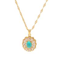 Cubic Zirconia Stainless Steel Necklace, 304 Stainless Steel, with turquoise, with 2.36inch extender chain, 18K gold plated, fashion jewelry & micro pave cubic zirconia & for woman, golden, 21.2mm Approx 15.75 Inch 
