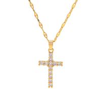 Cubic Zirconia Stainless Steel Necklace, 304 Stainless Steel, with 2.36inch extender chain, Cross, 18K gold plated, fashion jewelry & micro pave cubic zirconia & for woman, golden, 24.2mm Approx 15.75 Inch [