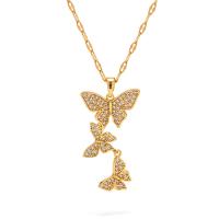 Cubic Zirconia Stainless Steel Necklace, 304 Stainless Steel, with 2.36inch extender chain, Butterfly, 18K gold plated, fashion jewelry & micro pave cubic zirconia & for woman, golden, 32.9mm Approx 15.75 Inch 
