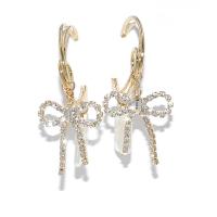 Zinc Alloy Rhinestone Drop Earring, with Plastic Pearl, Bowknot, gold color plated, for woman & with rhinestone, 50mm 