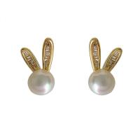 Freshwater Pearl Brass Earring, with Freshwater Pearl, Rabbit, gold color plated, fashion jewelry & micro pave cubic zirconia & for woman 