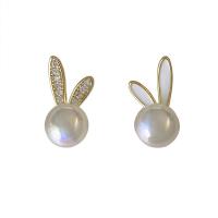 Brass Earring Clip, with Plastic Pearl, Rabbit, gold color plated, fashion jewelry & micro pave cubic zirconia & for woman 