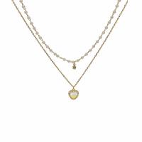 Collier en alliage de zinc, avec perle de plastique, Placage de couleur d'or, Double couche & bijoux de mode & pour femme Environ 45 cm, Vendu par PC[