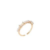 Cubic Zirconia Micro Pave Brass Finger Ring, with Plastic Pearl, real gold plated, Adjustable & fashion jewelry & micro pave cubic zirconia & for woman, two different colored, 1.8cm 