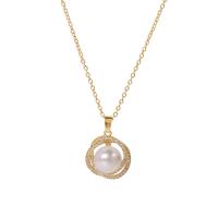 Stainless Steel Jewelry Necklace, 304 Stainless Steel, with Plastic Pearl, with 1.77inch extender chain, Vacuum Ion Plating, fashion jewelry & for woman & with rhinestone, gold, 21mm Approx 16.14 Inch 