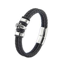 PU Leather Cord Bracelets, with 316L Stainless Steel, Skull, vintage & for man, black .5 cm 