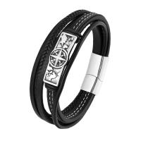 PU Leather Cord Bracelets, with 316L Stainless Steel, Compass, punk style & for man, black .5 cm 
