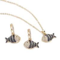 Cubic Zirconia Micro Pave Brass Jewelry Sets, earring & necklace, Fish, real gold plated, micro pave cubic zirconia & for woman [