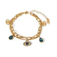 Stainless Steel Charm Bracelet, 304 Stainless Steel, with 2inch extender chain, Evil Eye, 18K gold plated, Unisex & with rhinestone Approx 6.3 Inch [