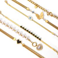 Stainless Steel Chain Bracelets, 304 Stainless Steel, with Resin & Plastic Pearl, 18K gold plated & micro pave cubic zirconia & for woman & enamel Approx 6.3 Inch [