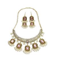 Rhinestone Zinc Alloy Jewelry Set, earring & necklace, with Plastic Pearl, gold color plated, 2 pieces & Bohemian style & for woman & with rhinestone Approx 17.5 Inch 