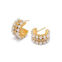 Stainless Steel Rhinestone Stud Earring, 304 Stainless Steel, with Plastic Pearl, 18K gold plated, fashion jewelry & for woman & with rhinestone, golden 