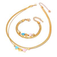 Titanium Steel Jewelry Set, with 1.97inch,1.57inch extender chain, Heart, plated, Double Layer & for woman & enamel, gold Approx 15.75 Inch, Approx 16.14 Inch, Approx 6.3 Inch 