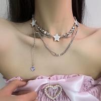 Fashion Multi Layer Necklace, Zinc Alloy, plated & micro pave cubic zirconia & for woman, silver color 