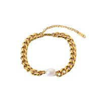 Bracelets de perles, Acier inoxydable 304, avec perle d'eau douce cultivée, avec 1.97inch chaînes de rallonge, Plaqué or 18K, bijoux de mode & pour femme, doré Environ 6.69 pouce, Vendu par brin[