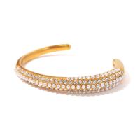 Stainless Steel Cuff Bangle, 304 Stainless Steel, with Plastic Pearl, 18K gold plated, fashion jewelry & for woman & with rhinestone, golden, 11mm, Inner Approx 73mm [