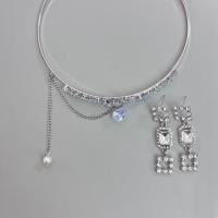 Rhinestone Zinc Alloy Jewelry Set, with Rhinestone, plated & for woman, silver color 