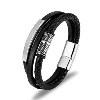 PU Leather Cord Bracelets, with 316L Stainless Steel, three layers & for man, black .5 cm 