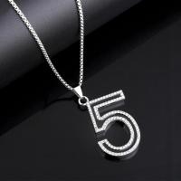 Rhinestone Zinc Alloy Necklace, with 304 Stainless Steel, Number, plated, fashion jewelry & with rhinestone, silver color cm 