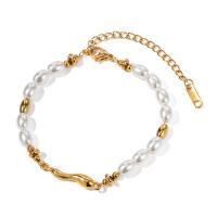Bracelets de bijoux en perles de verre, Acier inoxydable 304, avec perle de verre, avec 2.17inch chaînes de rallonge, Plaqué or 18K, bijoux de mode & pour femme, doré Environ 6.3 pouce, Vendu par brin
