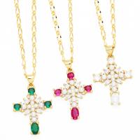 Cubic Zircon Micro Pave Brass Necklace, with Plastic Pearl, with 5cm extender chain, Cross, plated, fashion jewelry & micro pave cubic zirconia cm [