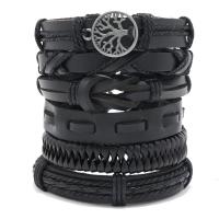 Wrap Bracelets, PU Leather, with Wax Cord & Zinc Alloy, 6 pieces & vintage & adjustable & for man, black Approx 18-23 cm 
