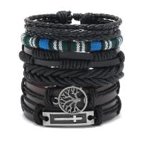 Wrap Bracelets, PU Leather, with Wax Cord & Zinc Alloy, Tree, handmade, 6 pieces & vintage & adjustable & for man, black Approx 18-23 cm 