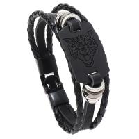 PU Leather Cord Bracelets, with Copper Coated Plastic & Zinc Alloy, Wolf, handmade, punk style & for man, black cm [