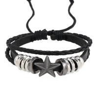 PU Leather Cord Bracelets, with Wax Cord & Zinc Alloy, Star, handmade, vintage & adjustable & for man, black Approx 18-23 cm [