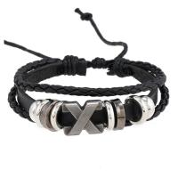 PU Leather Cord Bracelets, with Wax Cord & Zinc Alloy, Letter X, handmade, vintage & adjustable & for man, black Approx 18-23 cm 
