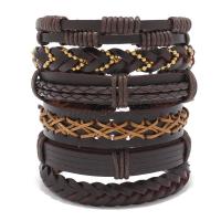 Wrap Bracelets, PU Leather, with Wax Cord, handmade, 6 pieces & vintage & adjustable & for man, brown Approx 18-23 cm 