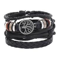 Wrap Bracelets, PU Leather, with Wax Cord & Zinc Alloy, Tree, handmade, vintage & three pieces & adjustable & for man Approx 18-23 cm 