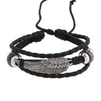 PU Leather Cord Bracelets, with Wax Cord & Zinc Alloy, Wing Shape, handmade, vintage & adjustable & for man, black Approx 18-23 cm 