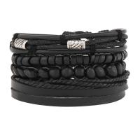 Wrap Bracelets, PU Leather, with Wax Cord & Wood & Copper Coated Plastic, handmade, vintage & 4 pieces & adjustable & for man, black Approx 18-23 cm 