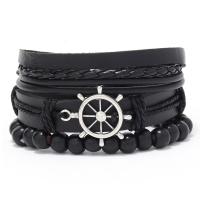 Wrap Bracelets, PU Leather, with Wax Cord & Zinc Alloy, Ship Wheel, handmade, vintage & three pieces & adjustable & for man, black Approx 18-23 cm 