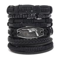 Wrap Bracelets, PU Leather, with Wax Cord & Zinc Alloy, Gun, handmade, 6 pieces & vintage & adjustable & for man, black Approx 18-23 cm 