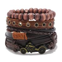 PU Leather Cord Bracelets, with Wax Cord & Wood & Zinc Alloy, Motorcycle, handmade, vintage & 4 pieces & adjustable & for man, brown Approx 18-23 cm [