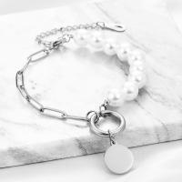 Titanium Steel Bracelet & Bangle, with Plastic Pearl, with 5CM extender chain, silver color plated, fashion jewelry & for woman Approx 16 cm 