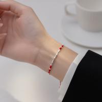 Sterling Silver Bracelets, 925 Sterling Silver, with Wax Cord, handmade, Adjustable & DIY & for woman, red 