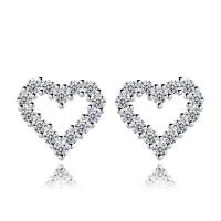 Rhinestone Brass Stud Earring, Heart, platinum plated, for woman & with rhinestone & hollow [