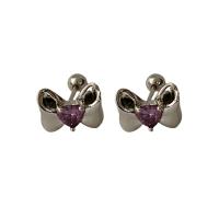Rhinestone Brass Stud Earring, Bowknot, platinum color plated, for woman & with rhinestone [