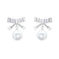 Cubic Zirconia Micro Pave Brass Earring, with Plastic Pearl, Bowknot, plated, micro pave cubic zirconia & for woman [
